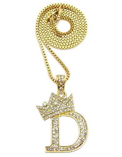 CROWN CBC Stone Studded King Initial Letters Pendant 24 Box Chain Necklace Gold-D