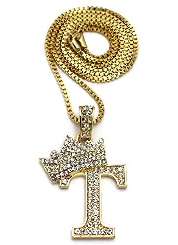 CROWN CBC Stone Studded King Initial Letters Pendant 24 Box Chain Necklace Gold-T