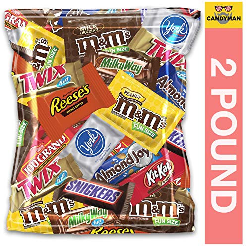 2 Pound Variety Assortment Chocolate Mix Bulk Pack M and Ms Peanut M and Ms Plain Reeses Peanut Butter Cups Snickers Kit Kat Twix Milky Way Almond Joy 100 Grand York Peppermint Patties