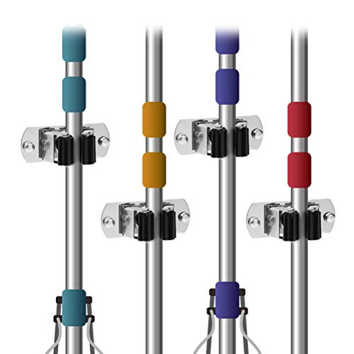 Pasking 4 Pack Mop Broom Holder Stainless Steel Wall Mounted Organizer Non-Slip Screws or Self Adhesive Storage Rack Hangers Black