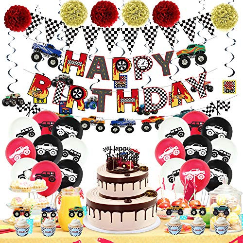 54 Pcs Monster Truck Birthday Party Supplies Happy Birthday Banner Decorations Monster Truck Banner Triangle Bunting Flags Cake Topper Cupcake Toppers Pom Poms Flowers Hanging Swirls Balloons