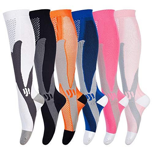 6-Pair Compression Socks for Men  and  Women 20-30 mmHg for Athletic Travel Hiking Flight Nursing Circulation