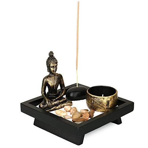XUDREZ Zen Garden Buddha Statue Incense Burner Holder with Rock Sand Tealight Candle Holder