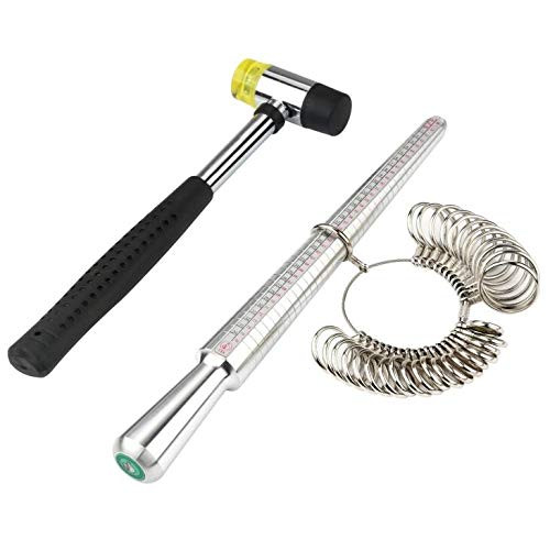 Rould Ring Mandrel Metal Ring Sizer Gauge Set with Jewelers Rubber Mallet Hammer Ring Measurement Tool Finger Sizing Size Measuring Steel Ring Mandrel3 PCS Ring Sizer Tool Set