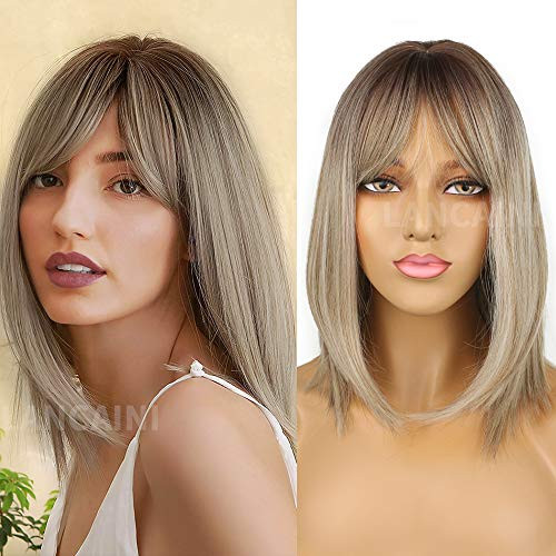 LANCAINI Short Bob Wigs with Bangs Ombre Dark Brown to Ash Blonde Straight Shoulder Length Synthetic Wig for Women Heat Resistant Wig for Party Daily Wear LANCAINI Short Bob Wigs with Bangs Ombre Dark Brown to Ash Blonde Straight Shoulder Length Synthetic Wig for Women Heat Resistant Wig for Party Daily Wear