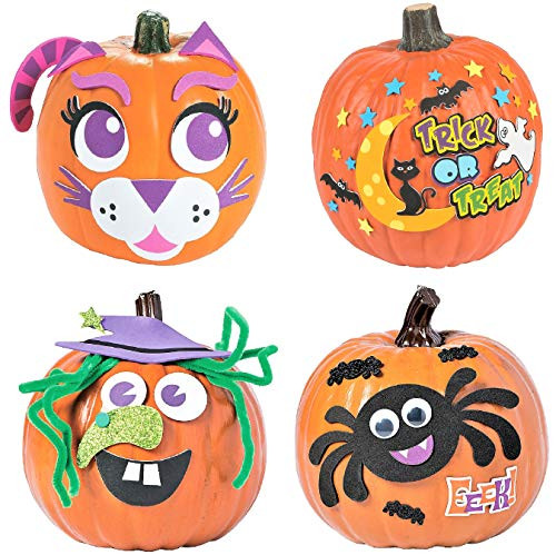 Halloween Pumpkin Decorating Craft Kits Set - Four 4 Kits - Goofy Spider Purple Cat Witch  and  More - Childrens Activities for Classroom Kids Crafts Homeschooling Supplies Sunday School Decor
