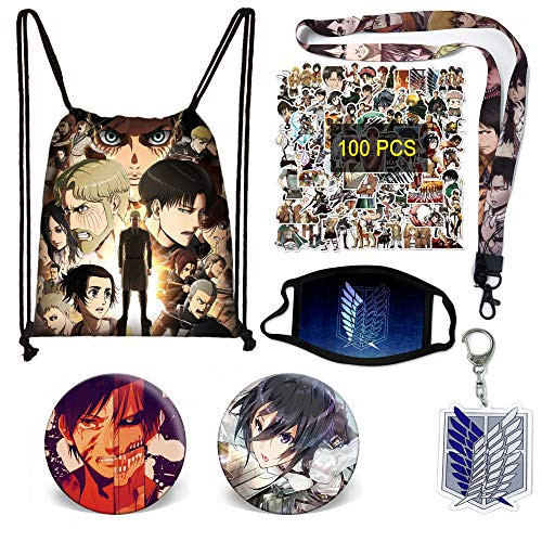 MUZHI Attack on Titan Set Gift Set-Attack on Titan StickerAttack on Titan Keychain?Button pinDrawstring Bag Backpack Phone Lanyard Attack on Titan Set