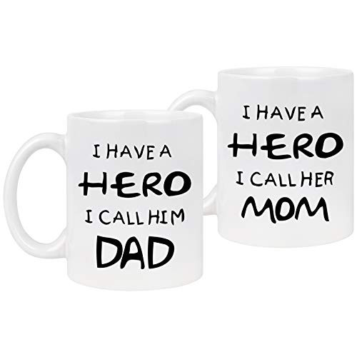 Hero Mom Hero Dad Mugs Mom and Dad Coffee Mugs Couples Funny Mug Set for Mom and Dad Parents Anniversary Thanksgiving Christmas Idea for Dad Mom from Daughter Son Coffee Cups 11 Oz