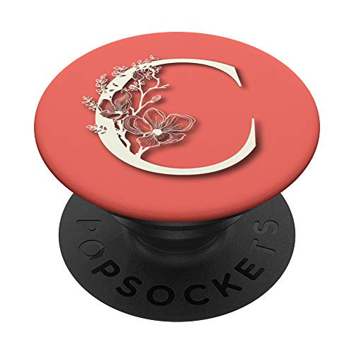 C Pretty Coral  and  Cream Floral Initial Letter Monogram by RHO PopSockets Grip and Stand for Phones and Tablets