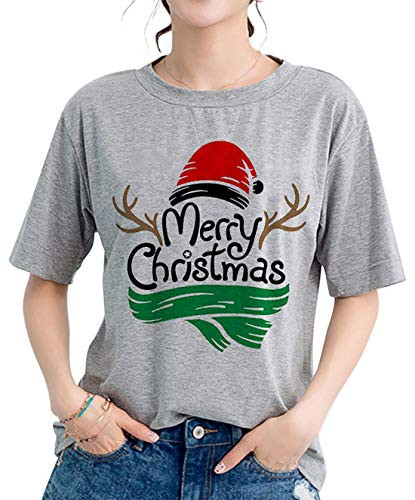 Believe Women Christmas Tree Cute Shirt Letter Printing Short Sleeve Funny Saying T-Shirt Tees Tops Gray1 M