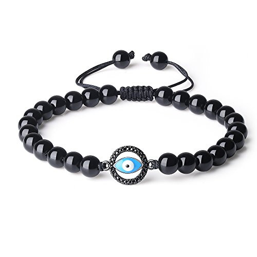 COAI Mens Evil Eye Charm Black Obsidian Stone Beaded Bracelet