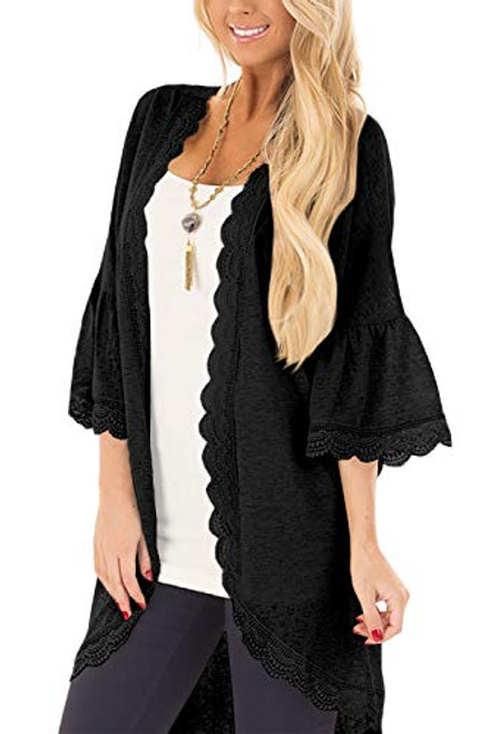 Womens Beach Sheer Lace 34 Bell Sleeve Cover Up Open Front Solid Color Summer Kimono Cardigan Black XL Womens Beach Sheer Lace 34 Bell Sleeve Cover Up Open Front Solid Color Summer Kimono Cardigan Black XL