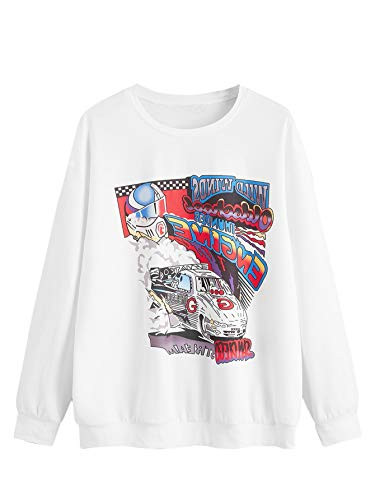 SweatyRocks Womens Long Sleeve Crewneck Letter Car Graphic Print Sweatshirt Top White XS
