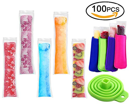 100 Pack Ice Popsicle Molds Bags - Zip-Top Disposable DIY Ice Pop Mold Bags - Summer Ice Pop Pouch with 4 Ice Pop Sleeves & 1 Silicone Funnel for Yogurt, Ice Candy, Otter Pops, Gogurt, or Freeze Pops