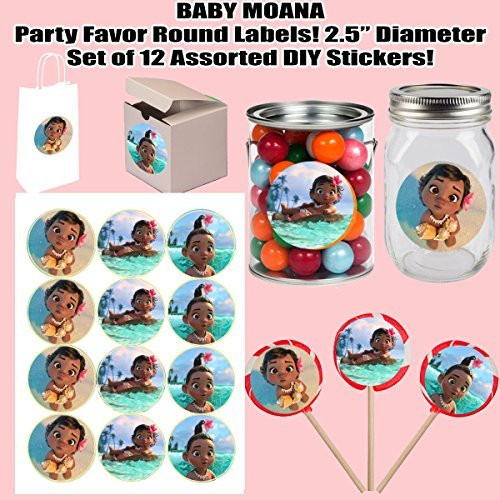Baby Moana Disney Movie Large 2.5" Round Circle Stickers to Place onto Party Favor Bags, Cards, Boxes or Containers -12 pcs