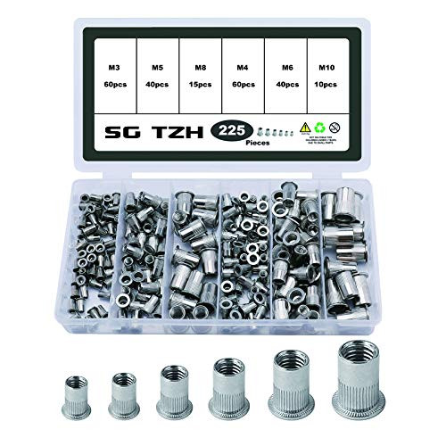 SG TZH 225Pcs Stainless Steel Rivet Set M3 M4 M5 M6 M8 M10 Flat Head Rivnut Assortment Threaded Insert Nuts Kit