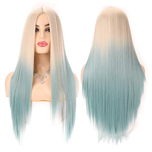 Moknows Long Straight Hair Wig for Woman 28inches Ombre Light Blue Slik Straight Cosplay Synthetic Hair Heat Resistant Fiber Full Wigs Long Middle Part Wig Moknows Long Straight Hair Wig for Woman 28inches Ombre Light Blue Slik Straight Cosplay Synthetic Hair Heat Resistant Fiber Full Wigs Long Middle Part Wig