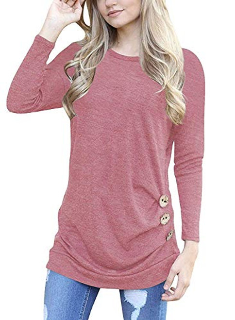 I2CRAZY Womens Casual Long Sleeve Round Neck Tunic Tops Loose T Shirt Blouses Medium 003Pink