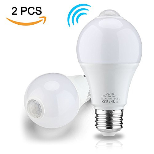 RAYHOO 12W Motion Sensor LED Light Bulb,1000 Lumens, E26 E27 A60 Light Bulb with PIR Motion Sensor, for Front Door Garage Basement Hallway Stairs, 6000K White, 2-Pack