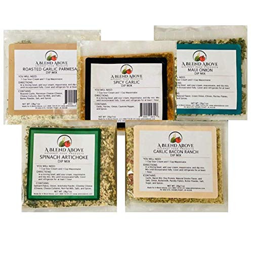 A Blend Above Best Sellers Dip Mix 5 Pack Includes Roasted Garlic Parmesan Maui Onion Garlic Bacon Ranch Spicy Garlic and Spinach Artichoke A Blend Above Best Sellers Dip Mix 5 Pack Includes Roasted Garlic Parmesan Maui Onion Garlic Bacon Ranch Spicy Garlic and Spinach Artichoke