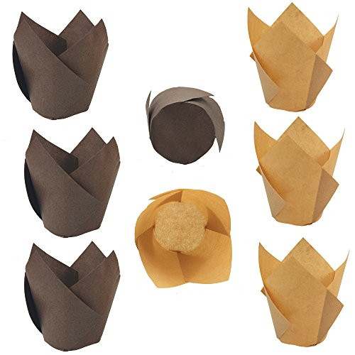 SkyCooool 200PCS Tulip Cupcake Muffin Liners Floral Baking Cups for Birthdays, Weddings, Parties, Brown and Natural