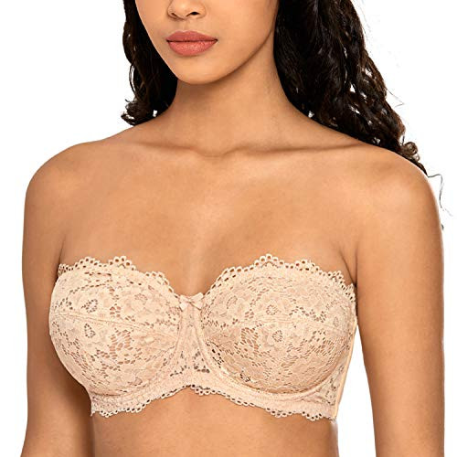 DOBREVA Womens Lace Strapless Bra Plus Size Underwire Unlined Balconette Bras Beige 38C DOBREVA Womens Lace Strapless Bra Plus Size Underwire Unlined Balconette Bras Beige 38C