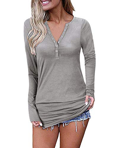 OUGES Womens Long Sleeve V-Neck Button Causal Tops Blouse T ShirtGrayS