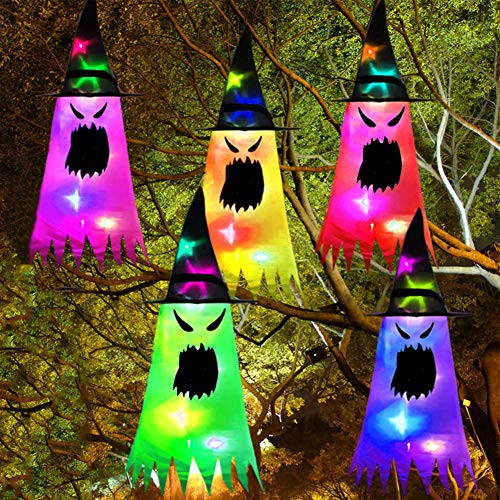 Halloween Outdoor 5Pcs Hanging Lighted Glowing Witch Ghost Hat Decorations for Halloween Decorations Outdoor Indoor Yard Tree Garden Party Decor