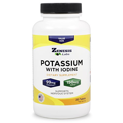 Potassium Gluconate with Iodine Kelp - 250 Tablets - 99mg per Tablet with 150mcg of Iodine - Leg  and  Muscle Cramp Relief - Blood Pressure Support