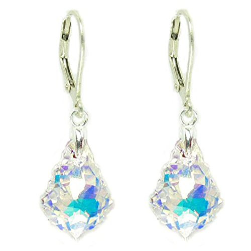 Clear Aurora Borealis Sterling Silver Leverback Dangle Earrings made with Swarovski Crystal