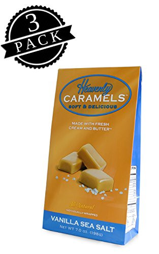 J Morgan Confections Heavenly Caramel  Vanilla Sea Salt Flavor  7oz Bag 3-Pack  Gourmet Soft and Chewy Butter Caramel Candies  Hand-Crafted Golden Treats