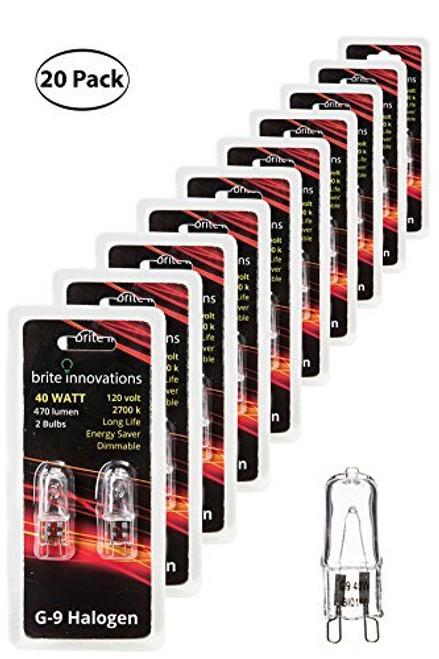 Brite Innovations G9 Halogen Bulb 40 Watt  20 Pack  Energy Saving - Dimmable - Soft White 2700K - 120V - Q40 CL T4 JD Type Clear Light Bulb