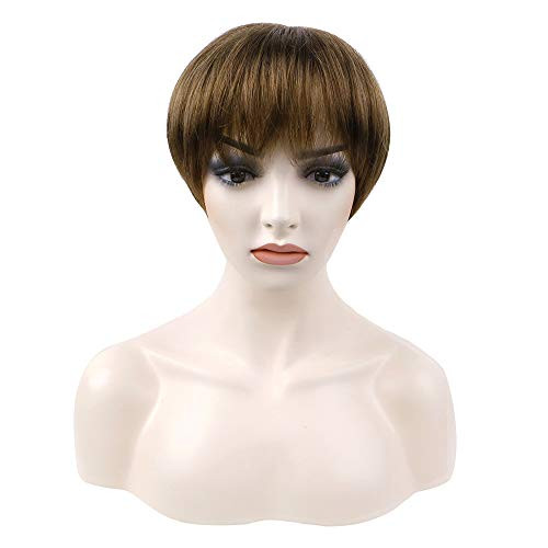 Miman Short Pixie Wig Layered Cut Wig With Bangs Straight Bob Wig Synthetic None Lace Wigs for Women ?Light Golden Brown?