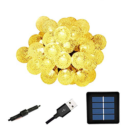 Dual Powered - Solar  USB Plug in - String Lights 33 Ft 60 LEDs Crystal Ball Waterproof Outdoor String Lights Solar Powered Globe Fairy String Lights for Garden Pati Dual Powered WarmWhite-1Pack
