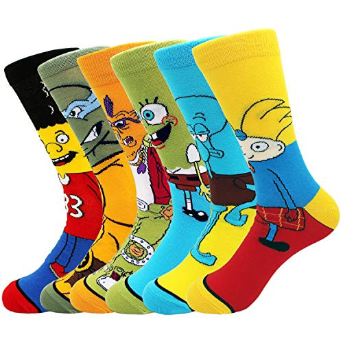 Casual Socks Men Women 6Pairs Funny Anime Socks Ninja Turtles SpongeBob Patterned Crew Socks Cartoon Novelty