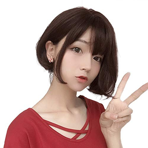 aiyaya Short Bob Wig Bangs - Bob Synthetic Wig For Women Cosplay Costume Natural Hair Lolita Wig with Wig Cap Brown
