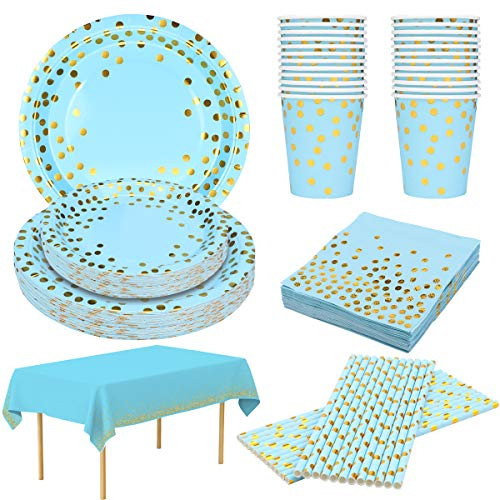 24 Guests Blue and Gold Party Supplies Disposable Party Plates Tableware Napkins Cups Straws Table Cloth for Baby Shower Boy Birthday Party Bridal Shower Anniversaries Gold Dot Blue Paper Plates