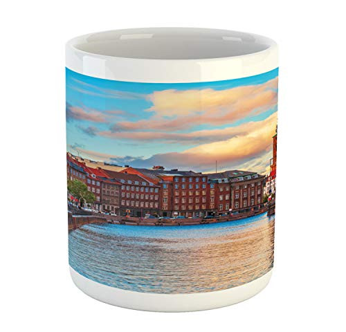 Ambesonne European Mug, Scenic Summer View at Sunset Copenhagen Denmark Old Scandinavian View City Europe, Printed Ceramic Coffee Mug Water Tea Drinks Cup, Multicolor