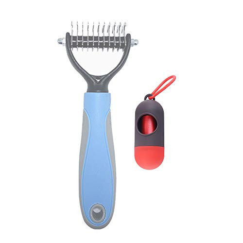 CLOVOCK Dematting Tool for Dogs  and Cats Pet Grooming Undercoat Rake with Two-Side Professional Stainless Steel Demat Comb Removes Loose Undercoat Mats Tangles and Knots Blue