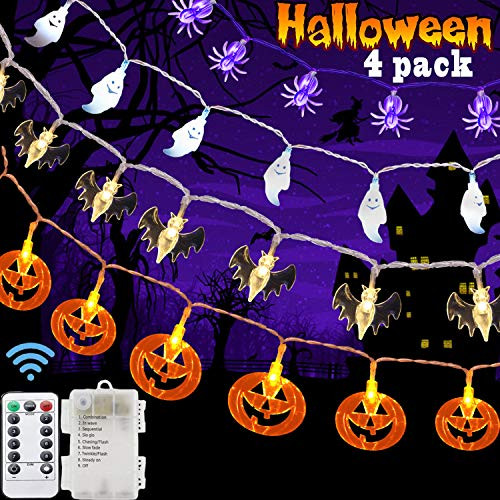 Set of 4 Halloween Decorations Lights Halloween Lights String Battery Operated 8 Mode Waterproof orange Pumpkin Spider Ghost Bat Lights with Each 20 LED for Outdoor Indoor Halloween Decorations Party Set of 4 Halloween Decorations Lights Halloween Lights String Battery Operated 8 Mode Waterproof orange Pumpkin Spider Ghost Bat Lights with Each 20 LED for Outdoor Indoor Halloween Decorations Party