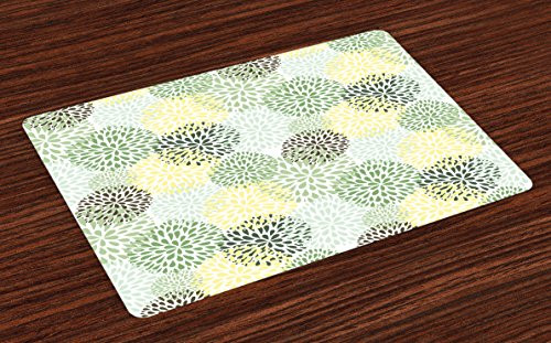 Lunarable Floral Place Mats Set of 4, Modern Floral Ornate Petals Flourish Traditional Springtime Garden Leaves, Washable Fabric Placemats for Dining Room Kitchen Table Decoration, Green Yellow Brown