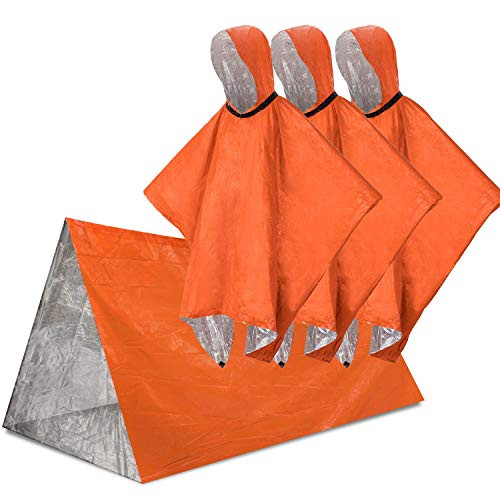 3 Pack Emergency Poncho Blanket with 1 Pack Survival Tent Thermal Mylar Space Blanket Rain Ponchos with Hood and Emergency Survival Shelter for Adult Waterproof and Windproof for Camping Hiking