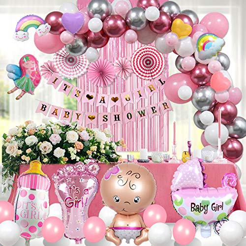 Baby Shower Party Decoration For Girl Pink Background Balloons Garland Arch Kit 154 Pcs Including Latex Balloons Foil Balloons Banner Party Fan Foil Curtain