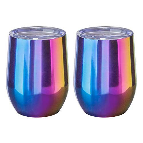 WBRWP Stainless-Steel Stemless Camping Tumbler Cup Mug  12oz Double Wall Vacuum Insulated Unbreakable Beverage Drinkware with Lid for Wine Coffee Drinks Champagne Cocktails 2 Pieces-Rainbow