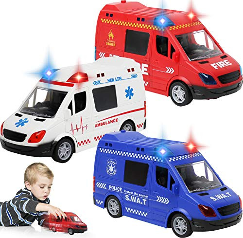 TeganPlay Set of 3 Toy Vehicles Police Car Ambulance and Fire Truck for Kids
