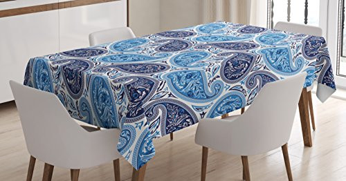 Lunarable Paisley Tablecloth by, Iranian Paisley Contrasting Color Palette Oriental Pattern Teardrop Shape, Dining Room Kitchen Rectangular Table Cover, 60 W X 84 L Inches, Blue Navy Blue White