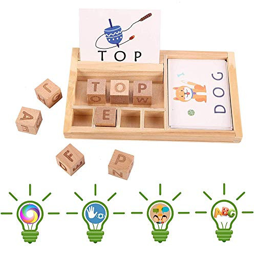 Wooden Matching Letter Games for Preschool Kids Puzzle Letter Spelling and Matching Cards Toy Kindergarten Word Spell Learning Game with 30pcs Cards and 8 pcs alphabet cubes See and Spell Learning To