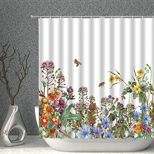 AMNYSF Watercolor Flower Decor Shower Curtain Spring Plant Floral Colorful Wildflowers Garden Nature Landscape Fabric Polyester Bathroom Curtains with Hooks 70x70 Inch
