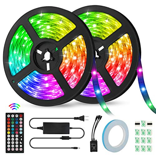 LED Strip Lights 32_8ft KeShi IP65 Waterproof Music Sync Flexible Tape Lights 300 LEDs 5050 Light Strip Kit RGB Color Changing Rope Lights with 44-Key IR Remote Control for Home Decoration