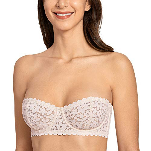 DOBREVA Womens Lace Strapless Balconette Bandeau Tube Top Unlined Underwire Bra Rose White 40A DOBREVA Womens Lace Strapless Balconette Bandeau Tube Top Unlined Underwire Bra Rose White 40A